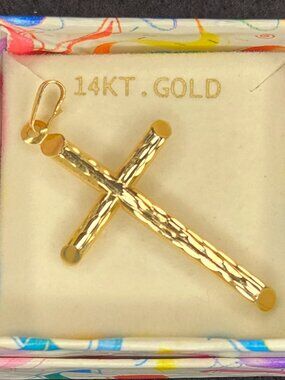 14K Yellow Gold Hollow Etched Cross Pendant